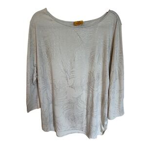 Ruby Rd Woman 3X Beige Silver Embellished Feather 3/4‎ Sleeve Top Blouse
